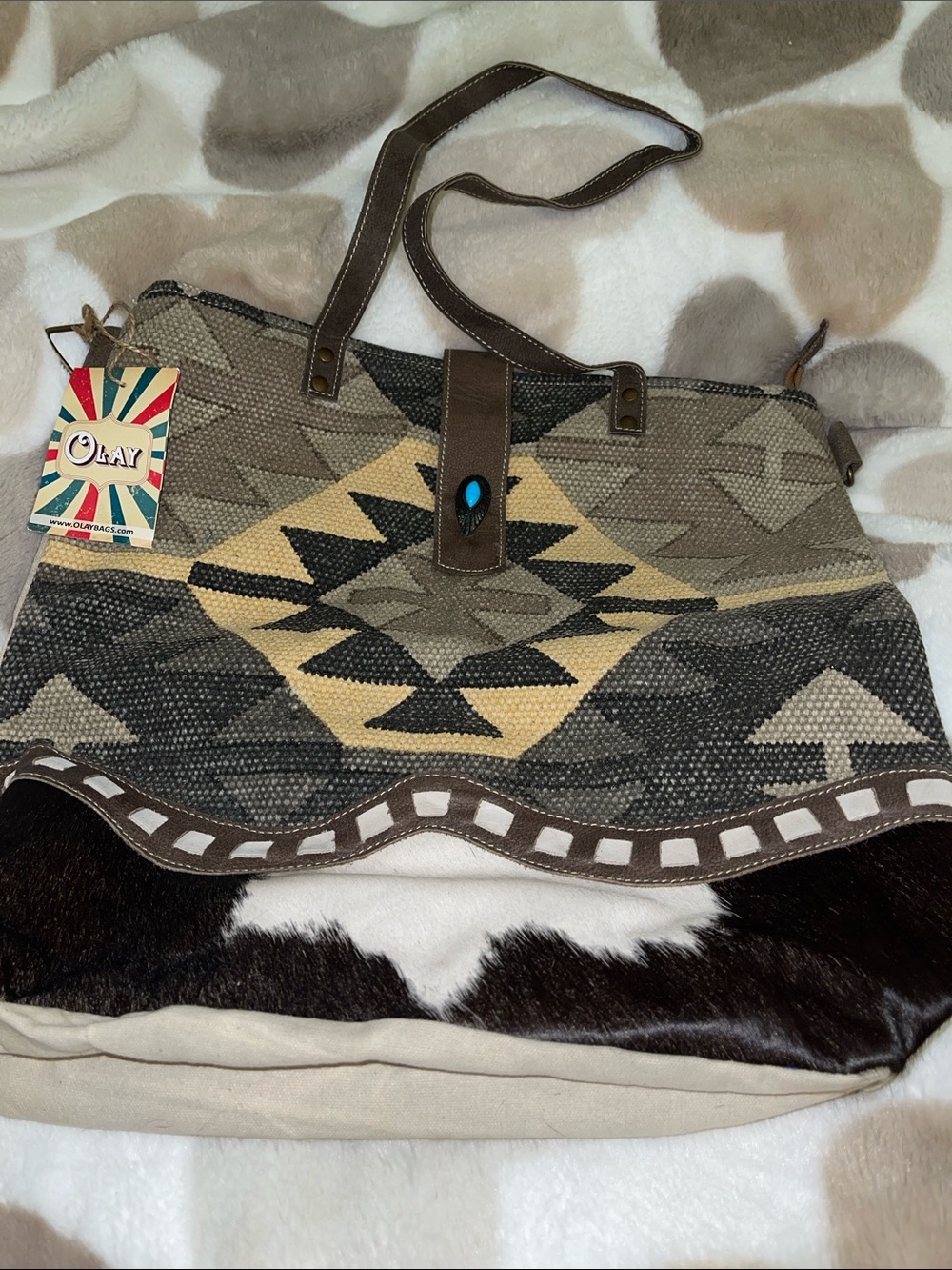 OLAY Southwestern Pattern Tote in Brown, Tan, Cream and Turquoise